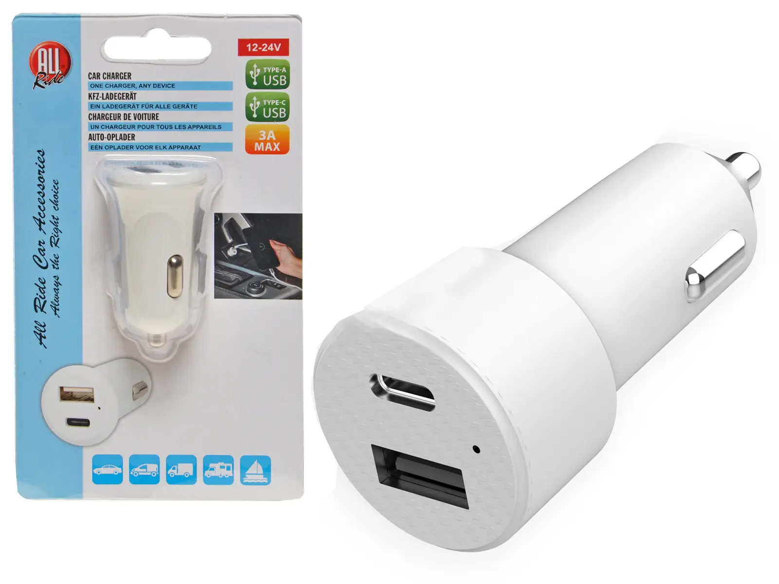 AR KFZ-Ladegerät, USB-Typ A+C, 12-24V, 3A