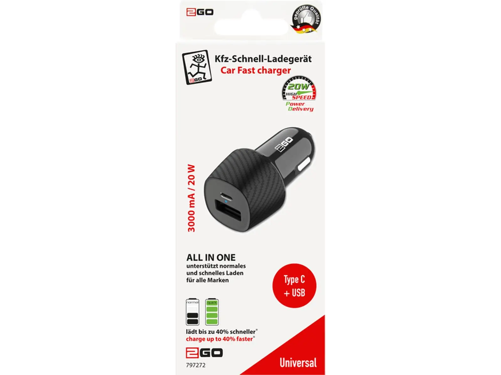 KFZ-Schnell-Ladegerät USB / USB-C, schwarz